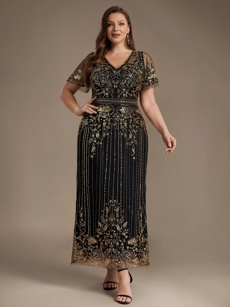 Robe de Cocktail Longue en Tulle à Paillettes et Perles