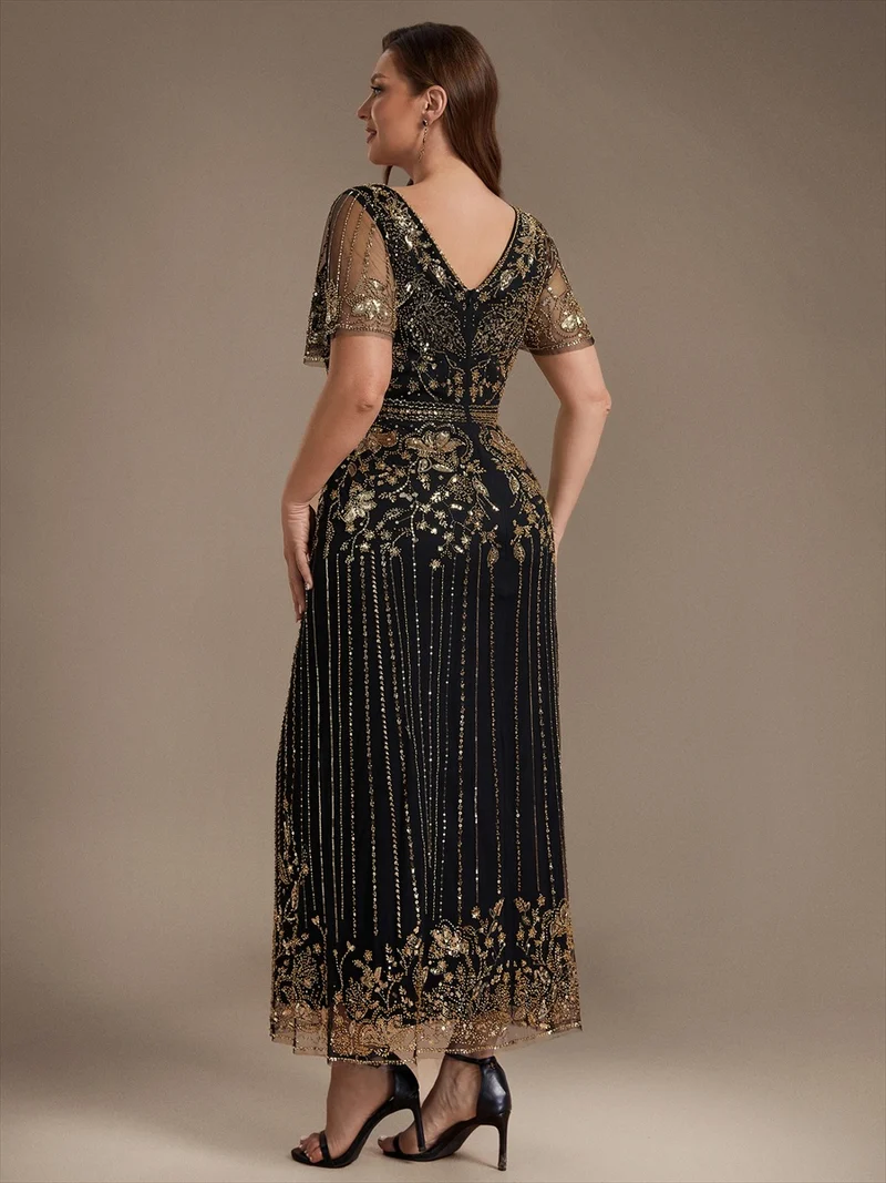 Robe de Cocktail Longue en Tulle à Paillettes et Perles