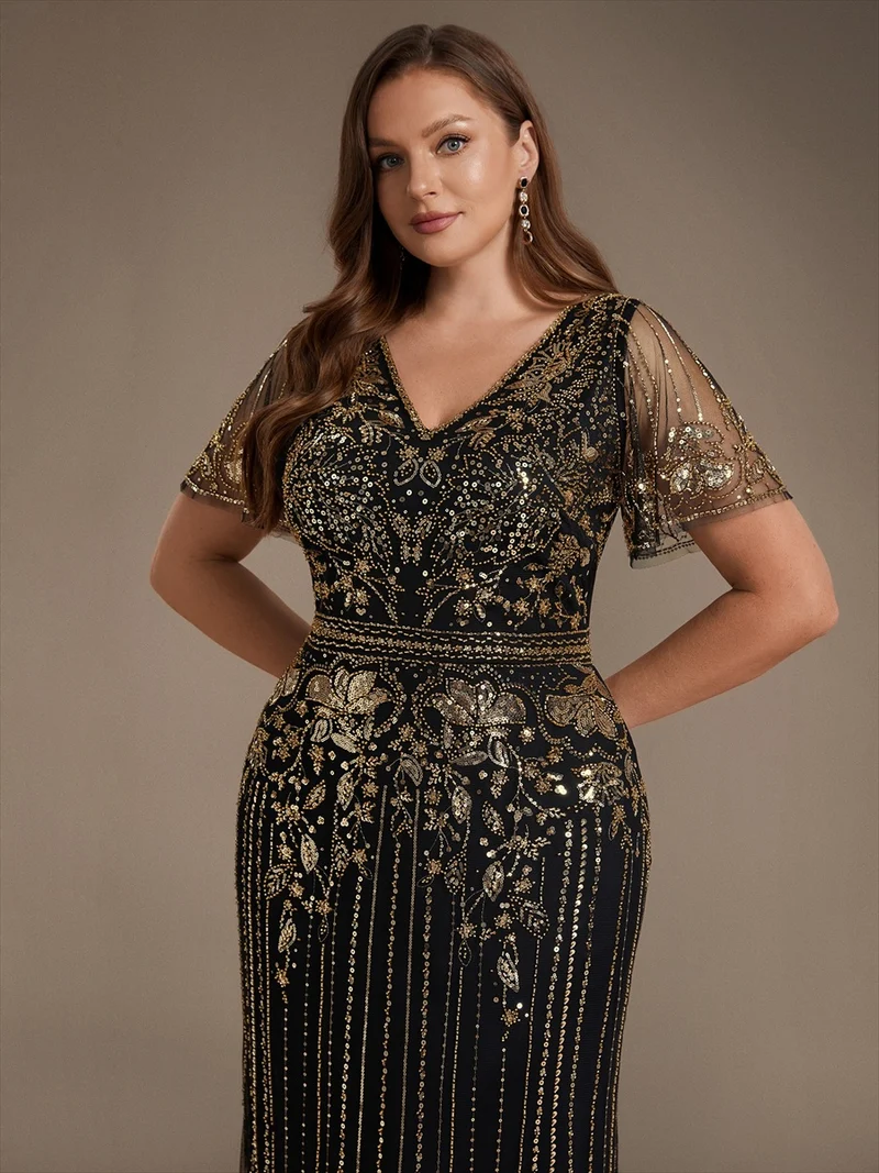 Robe de Cocktail Longue en Tulle à Paillettes et Perles