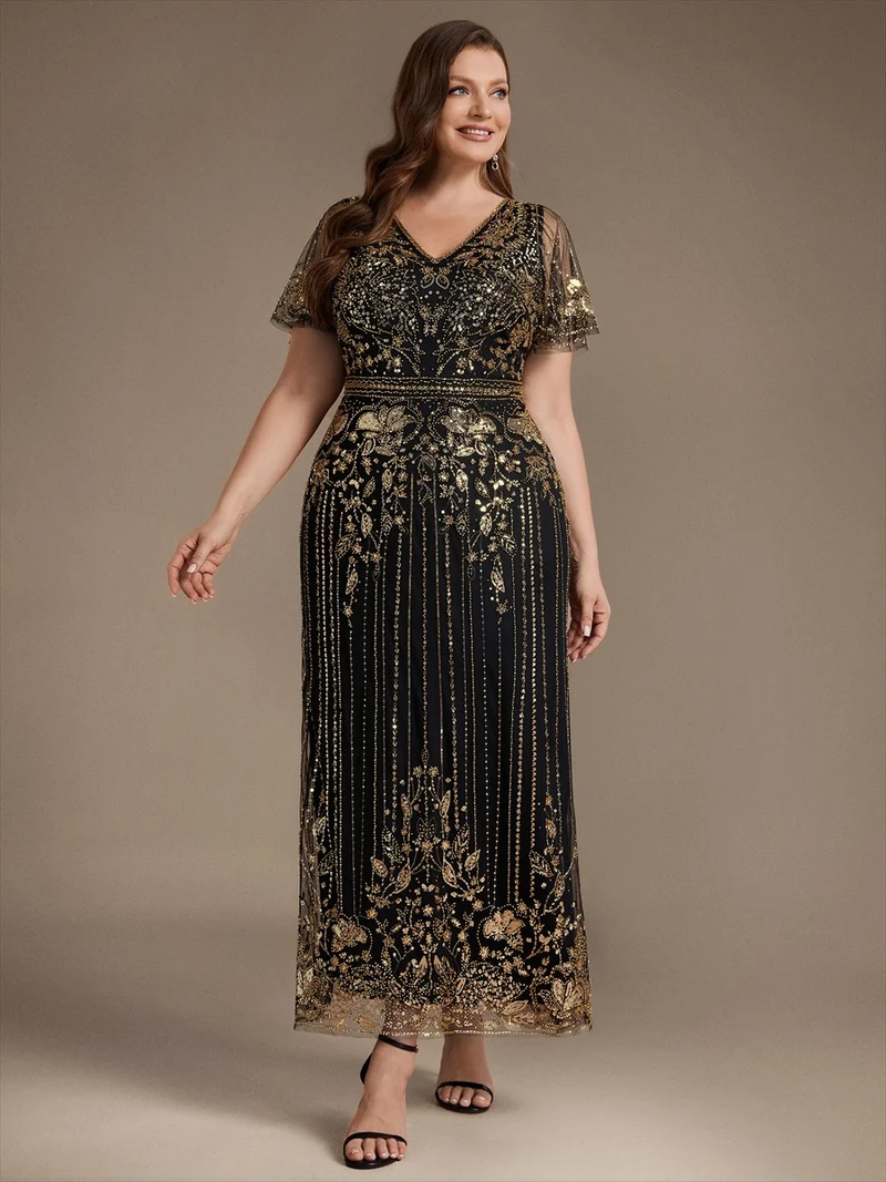 Robe de Cocktail Longue en Tulle à Paillettes et Perles