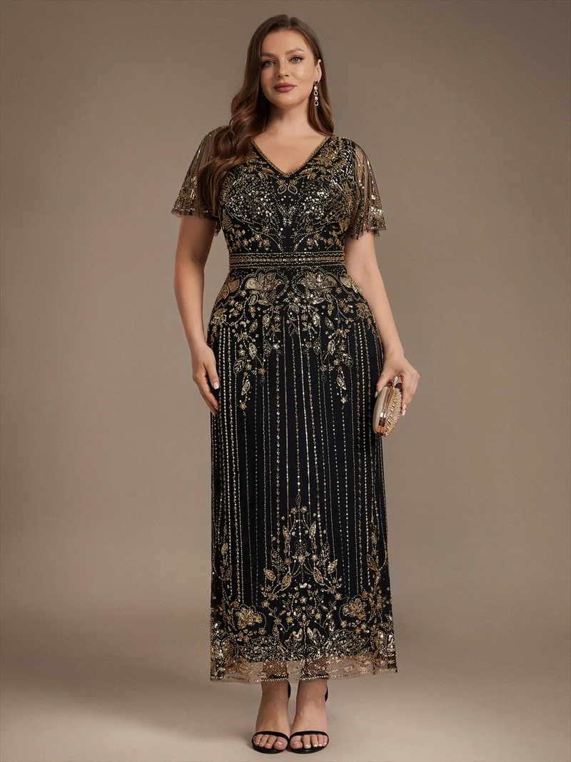 Robe de Cocktail Longue en Tulle à Paillettes et Perles