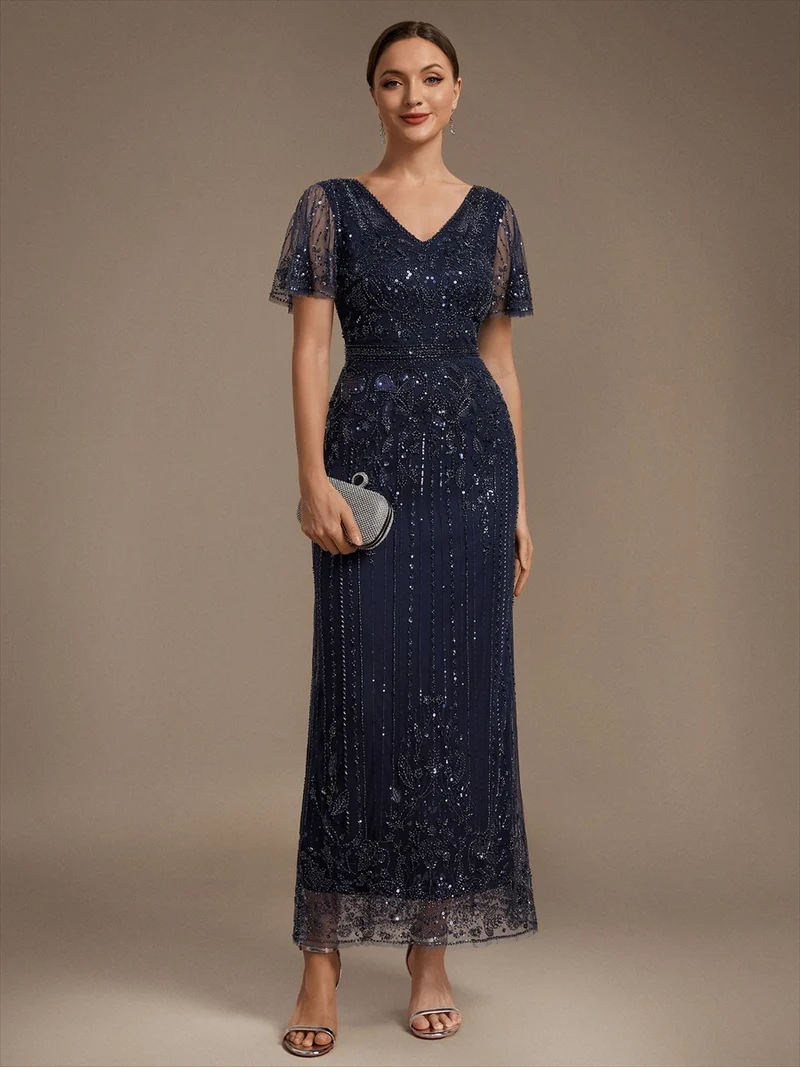Robe de Cocktail Longue en Tulle à Paillettes et Perles