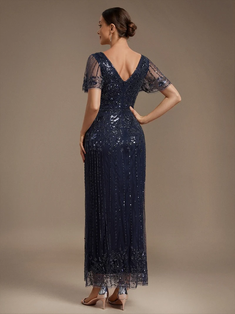 Robe de Cocktail Longue en Tulle à Paillettes et Perles