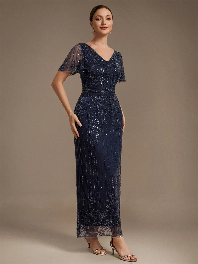 Robe de Cocktail Longue en Tulle à Paillettes et Perles