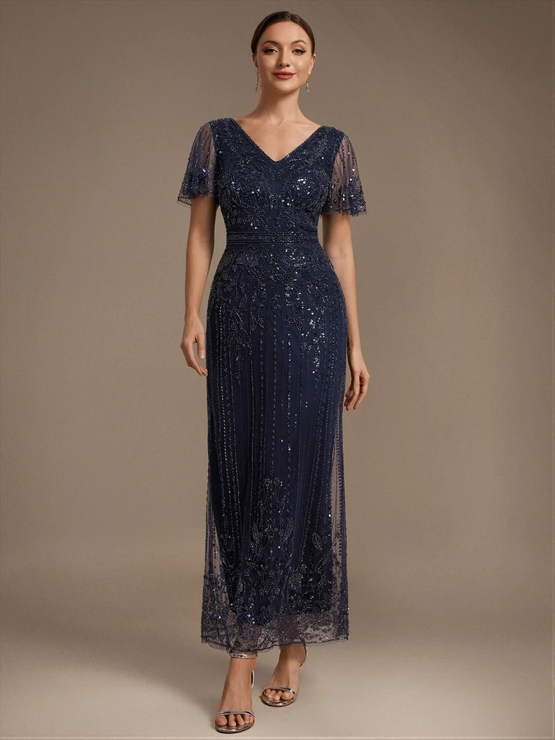 Robe de Cocktail Longue en Tulle à Paillettes et Perles