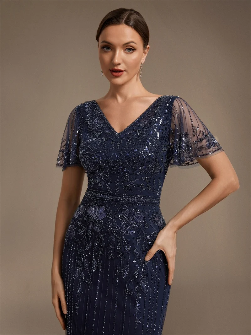 Robe de Cocktail Longue en Tulle à Paillettes et Perles