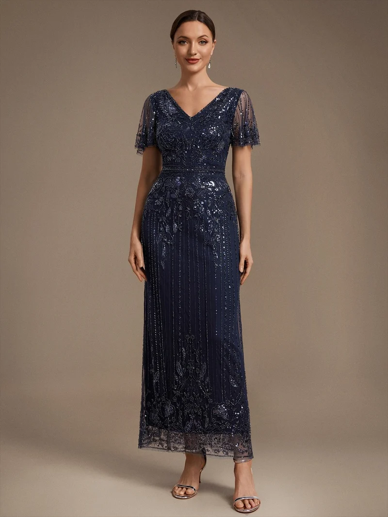 Robe de Cocktail Longue en Tulle à Paillettes et Perles