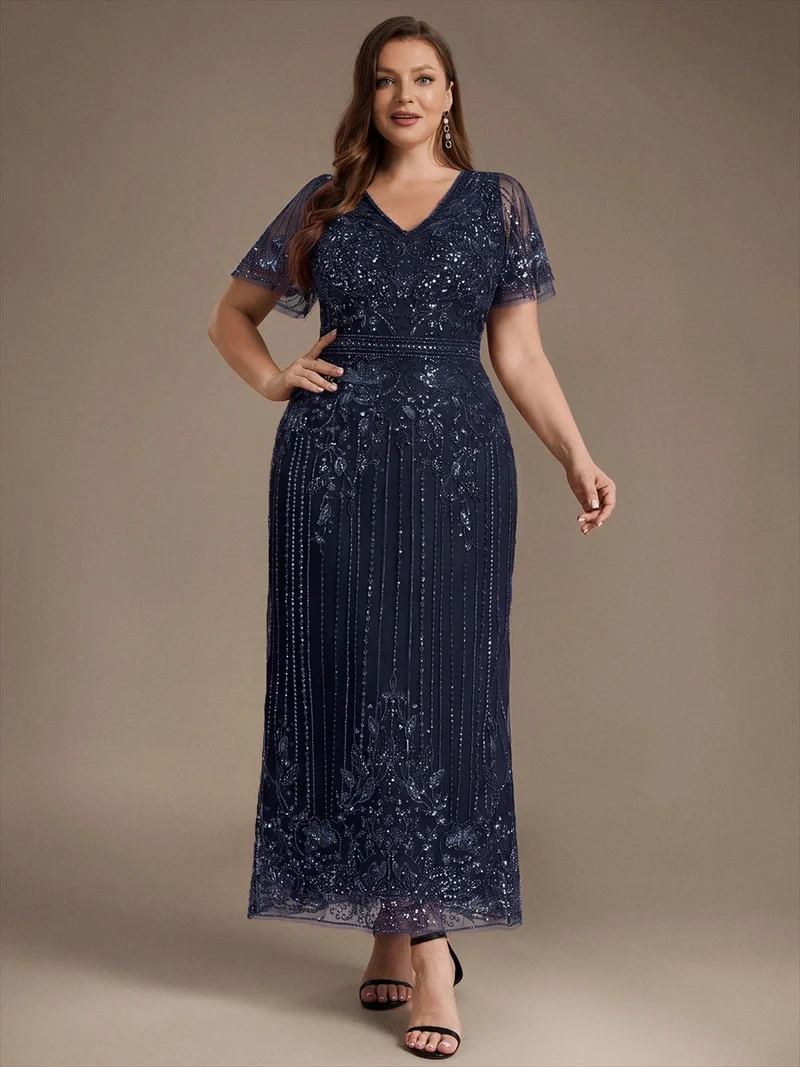 Robe de Cocktail Longue en Tulle à Paillettes et Perles