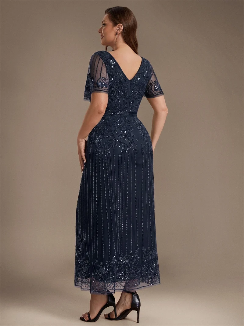 Robe de Cocktail Longue en Tulle à Paillettes et Perles