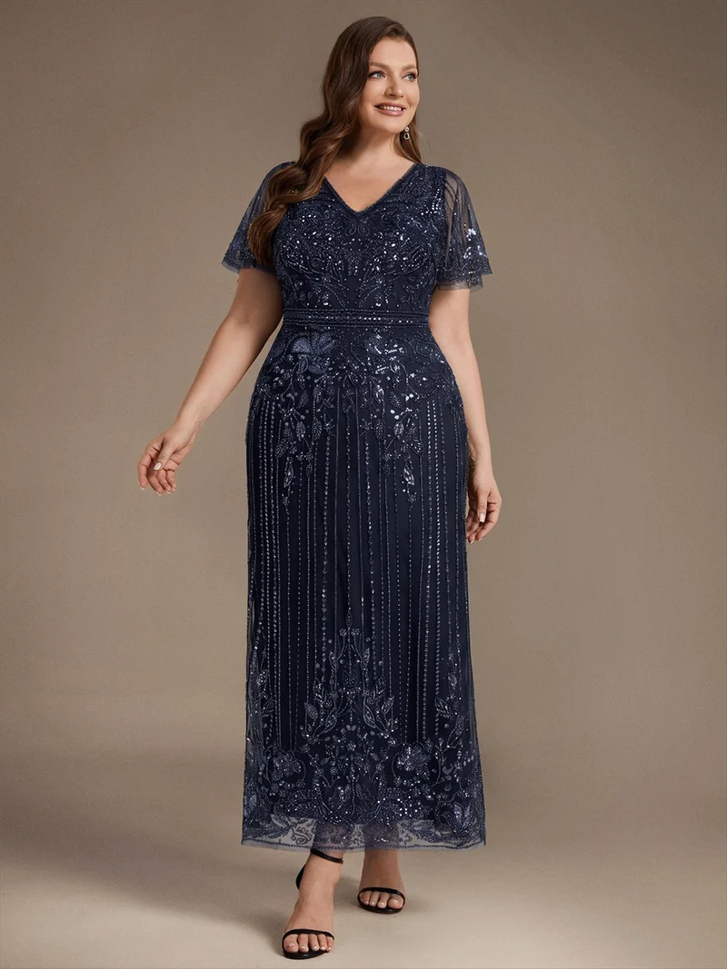 Robe de Cocktail Longue en Tulle à Paillettes et Perles