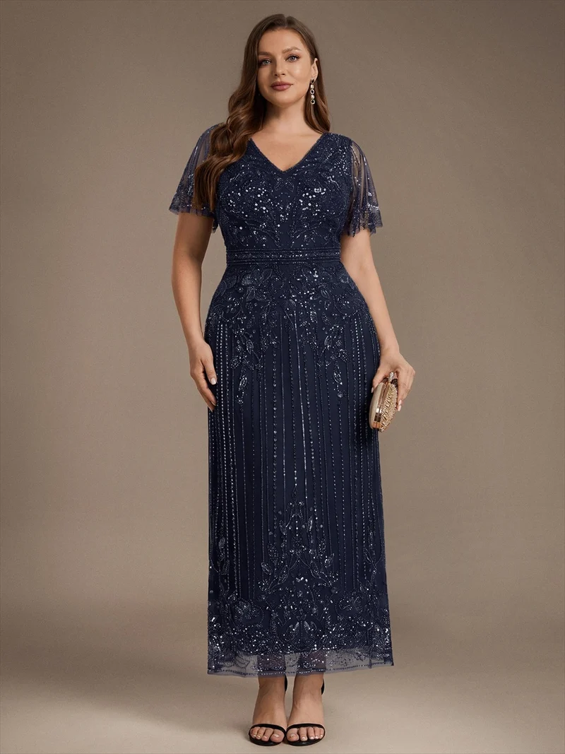 Robe de Cocktail Longue en Tulle à Paillettes et Perles
