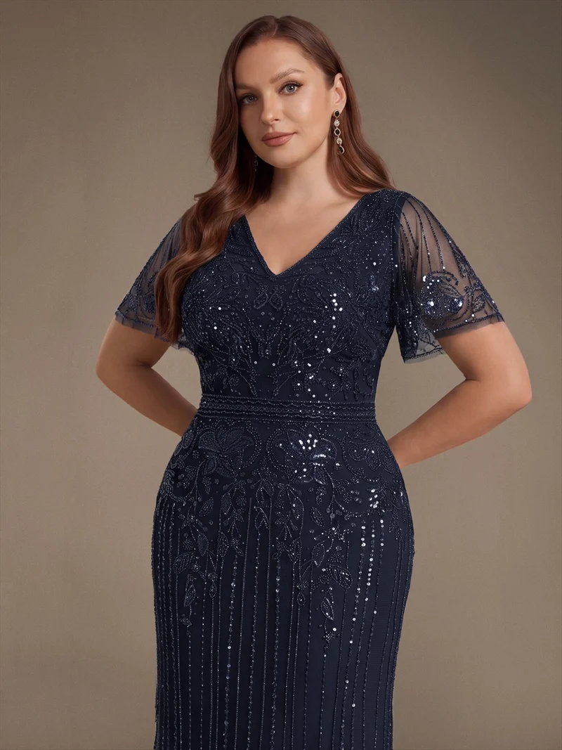 Robe de Cocktail Longue en Tulle à Paillettes et Perles