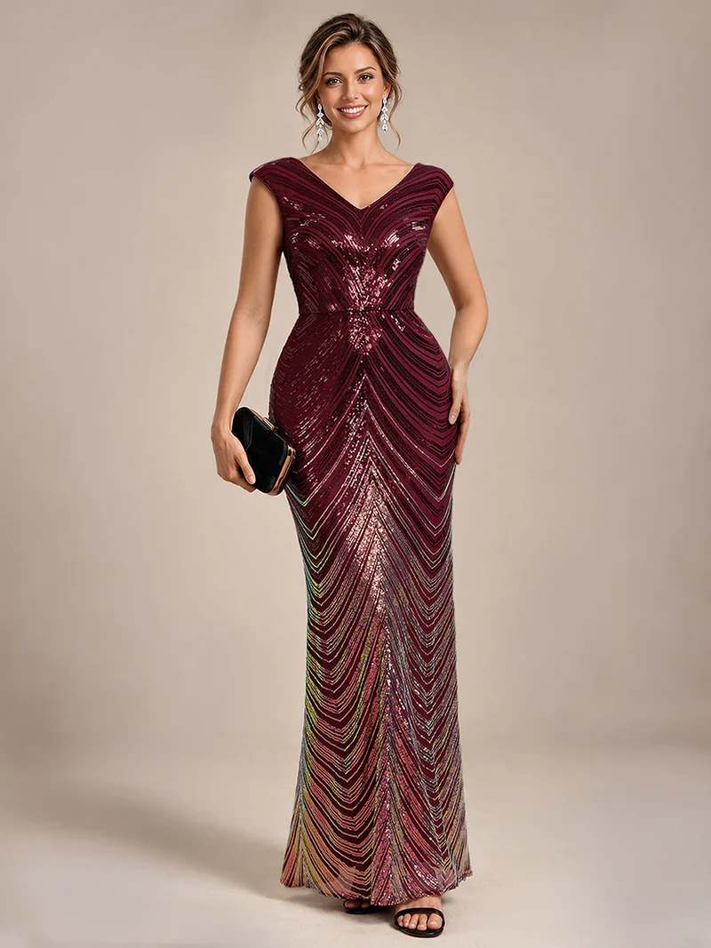 Robe longue sirène à paillettes avec col V