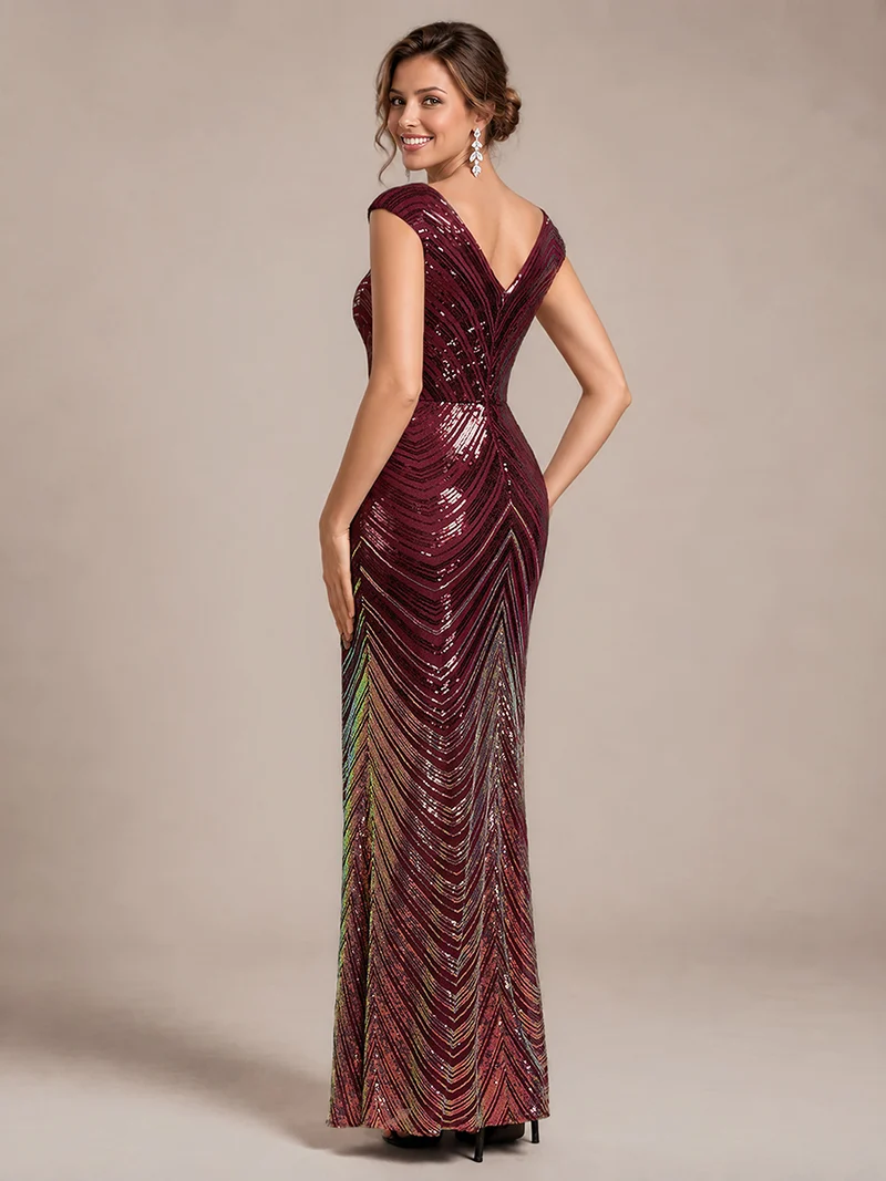 Robe longue sirène à paillettes avec col V