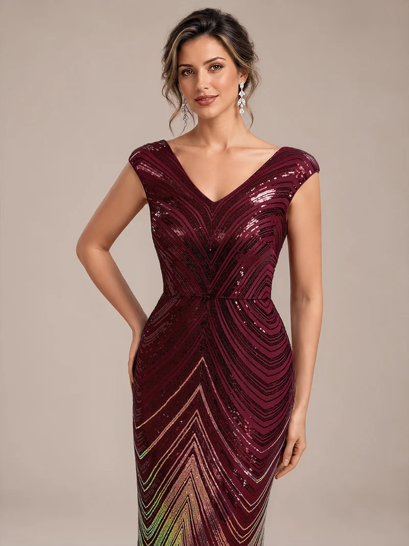 Robe longue sirène à paillettes avec col V