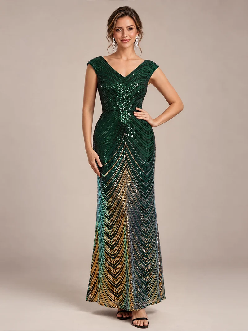 Robe longue sirène à paillettes avec col V