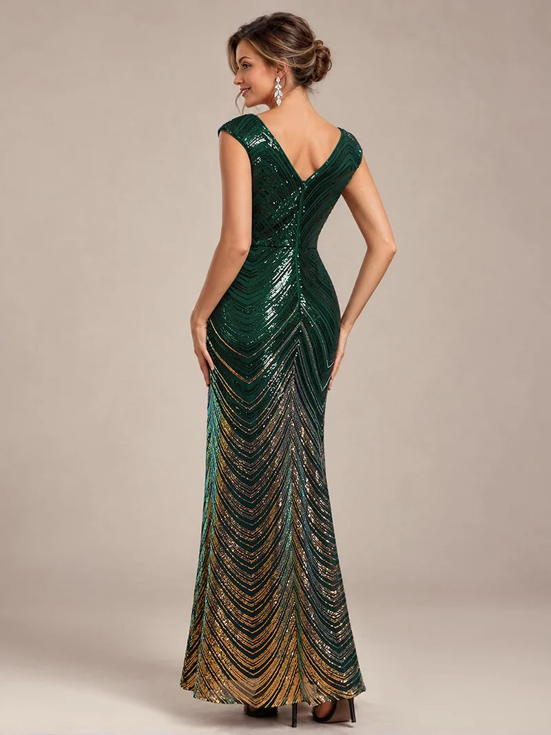 Robe longue sirène à paillettes avec col V