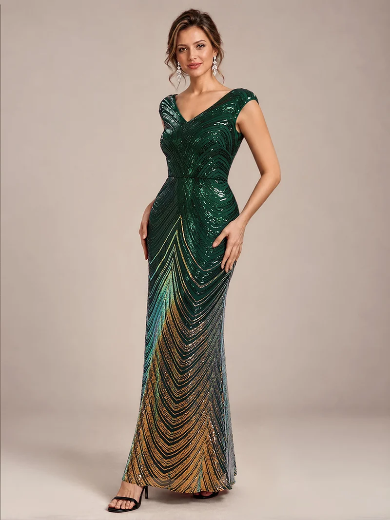 Robe longue sirène à paillettes avec col V