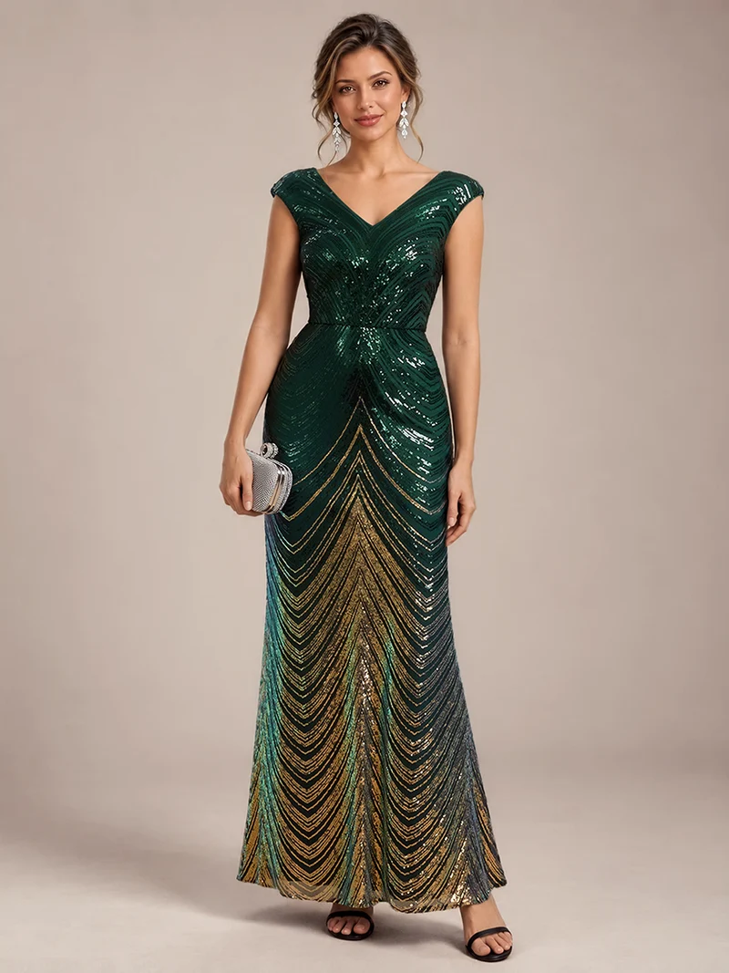 Robe longue sirène à paillettes avec col V