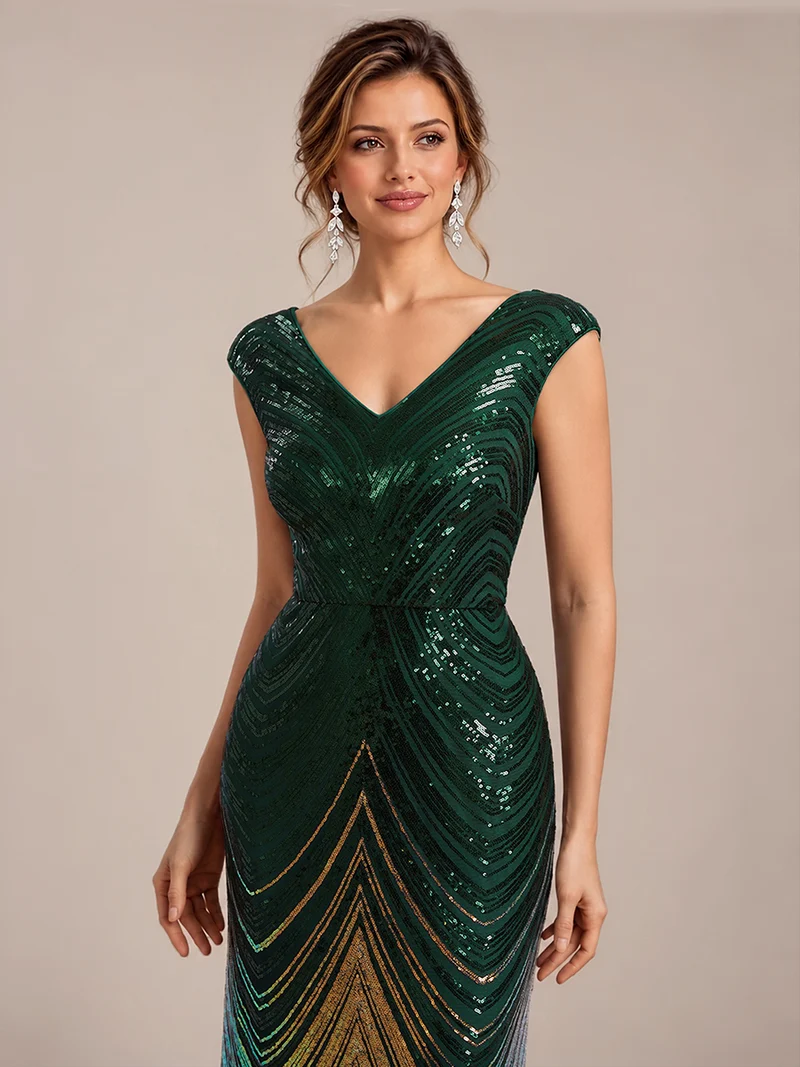 Robe longue sirène à paillettes avec col V
