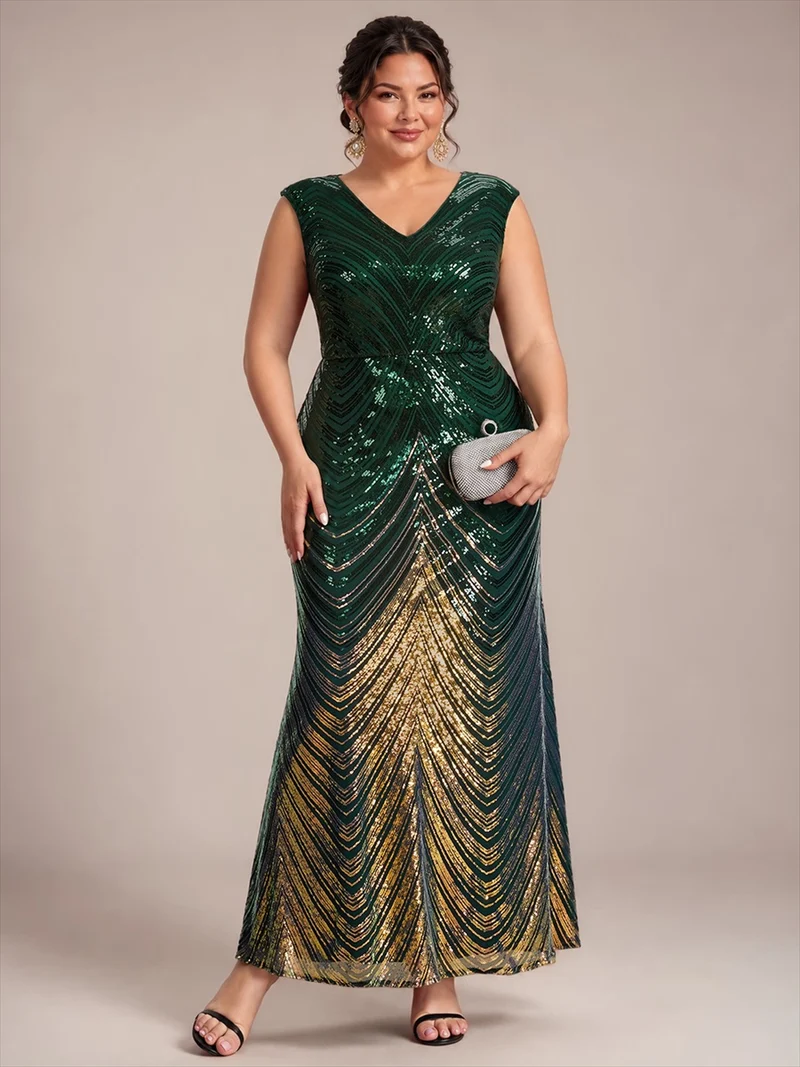 Robe longue sirène à paillettes avec col V