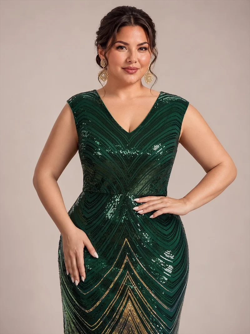 Robe longue sirène à paillettes avec col V
