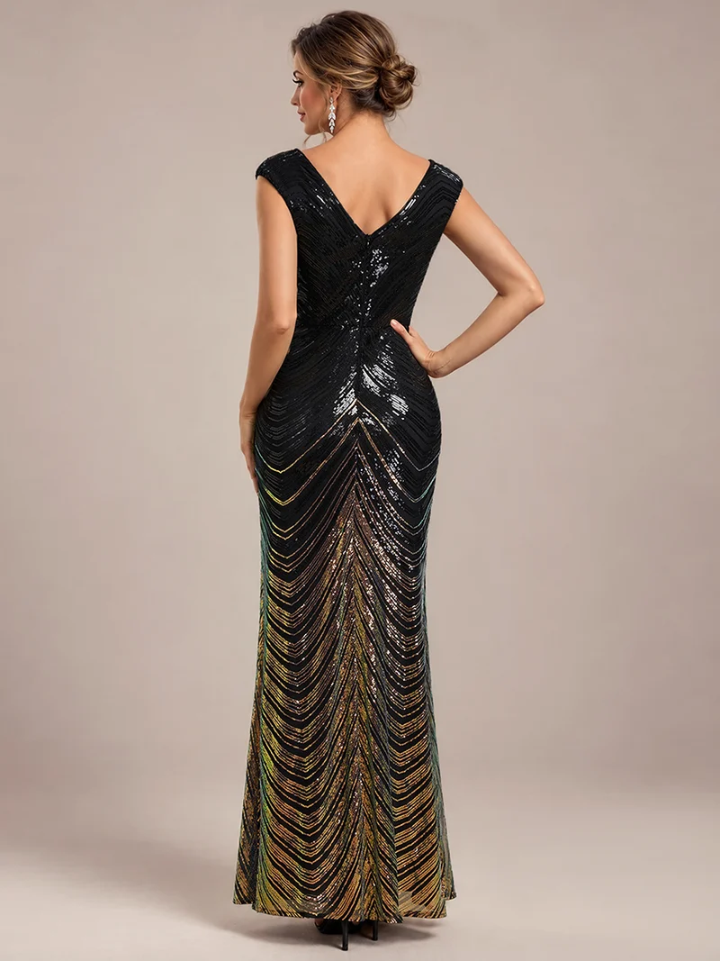 Robe longue sirène à paillettes avec col V