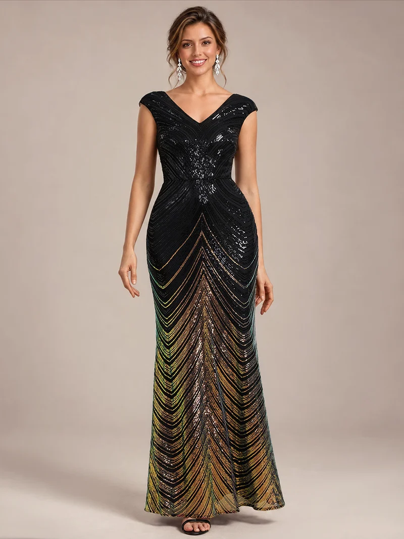 Robe longue sirène à paillettes avec col V