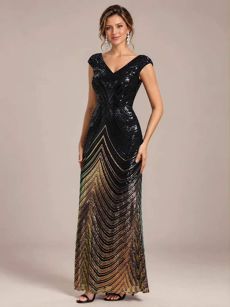 Robe longue sirène à paillettes avec col V