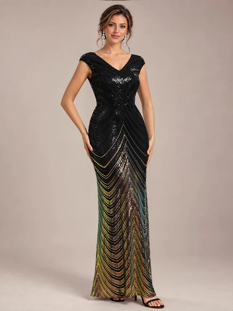 Robe longue sirène à paillettes avec col V