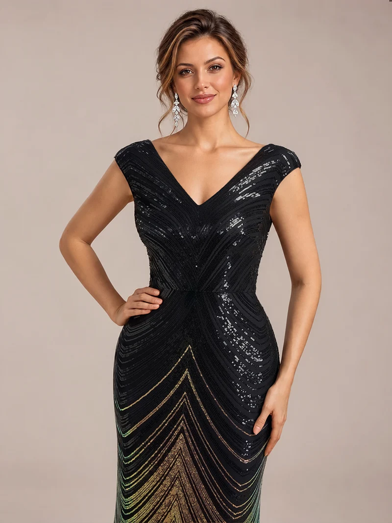 Robe longue sirène à paillettes avec col V