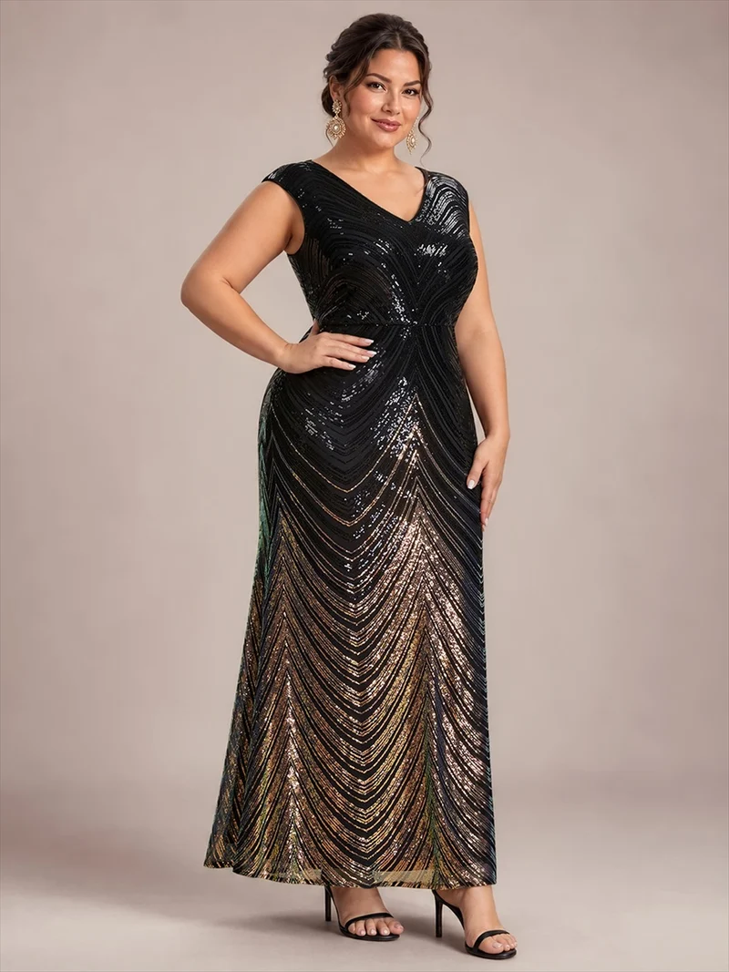 Robe longue sirène à paillettes avec col V