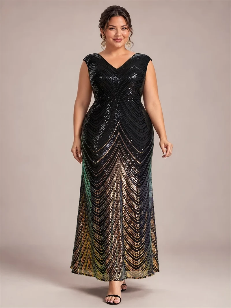 Robe longue sirène à paillettes avec col V