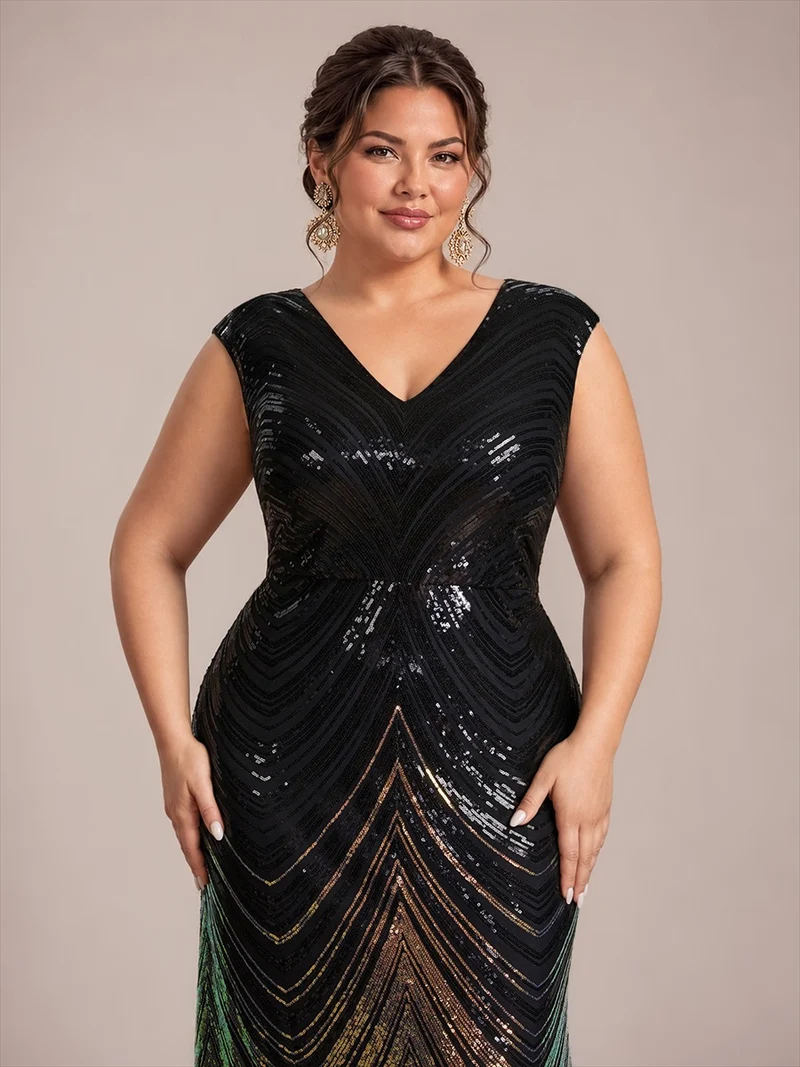 Robe longue sirène à paillettes avec col V