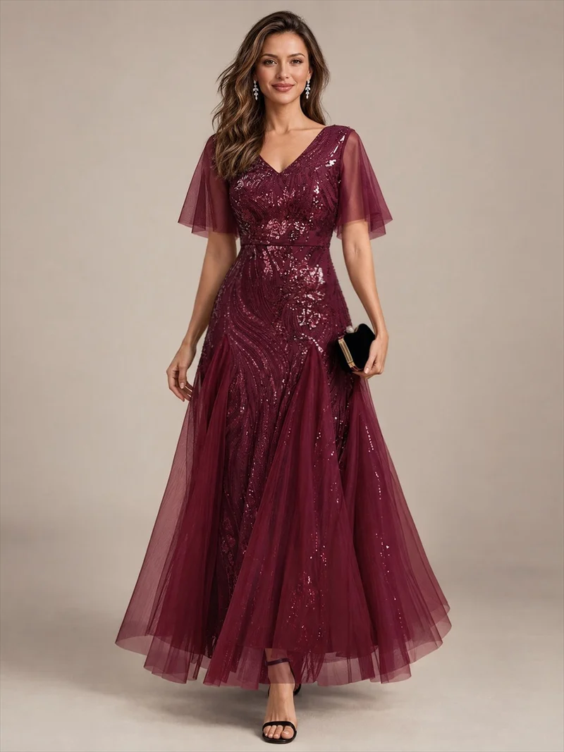 Robe longue en tulle à paillettes avec manches volantées