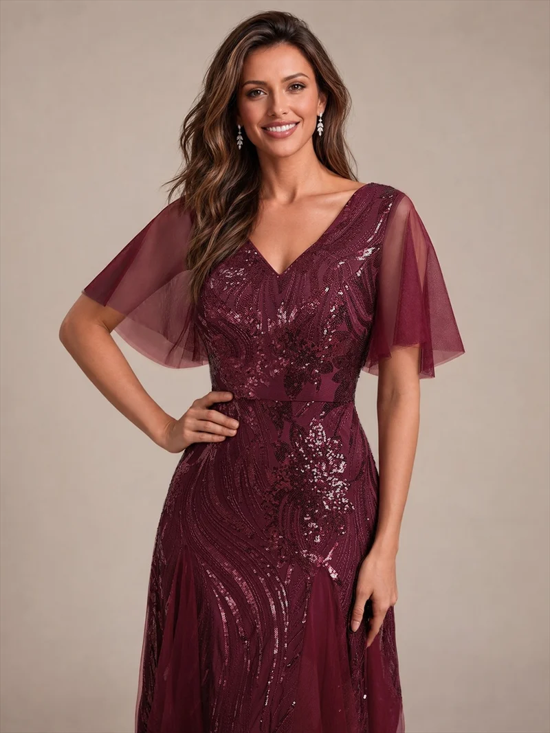 Robe longue en tulle à paillettes avec manches volantées