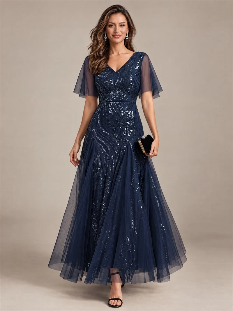 Robe longue en tulle à paillettes avec manches volantées