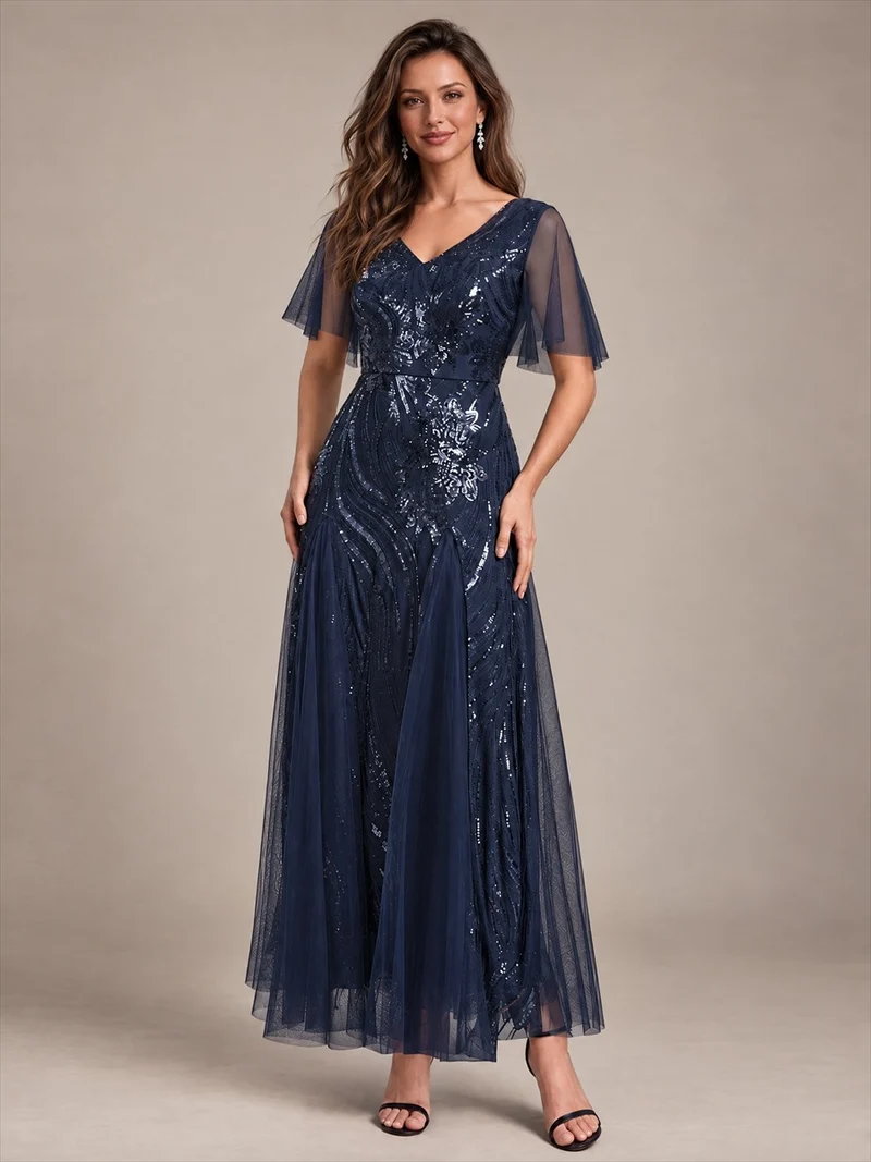 Robe longue en tulle à paillettes avec manches volantées