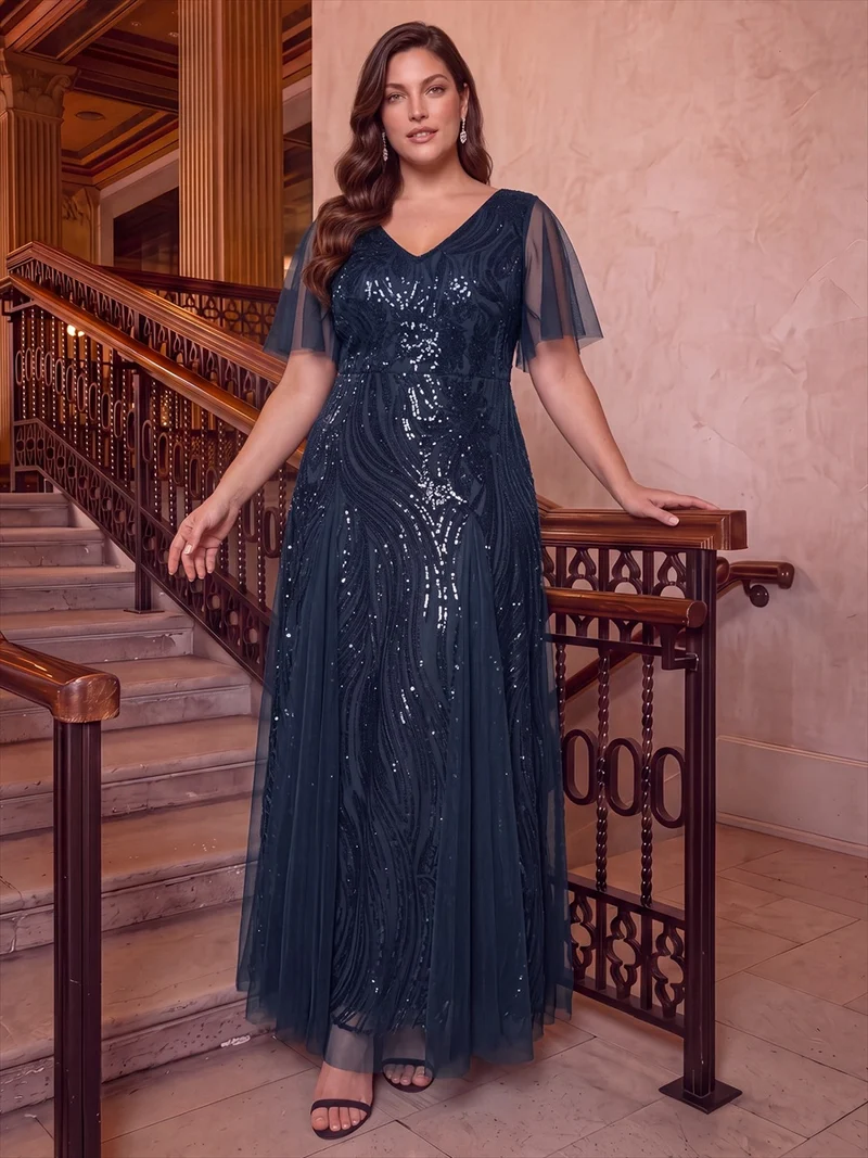 Robe longue en tulle à paillettes avec manches volantées