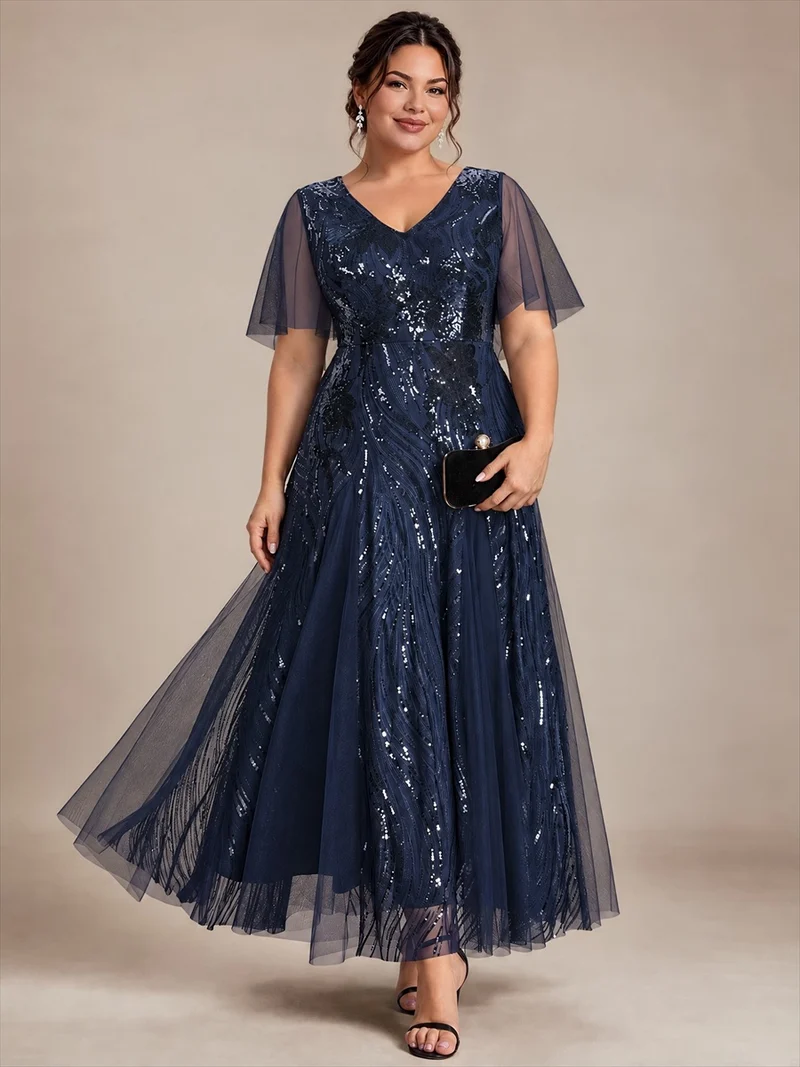 Robe longue en tulle à paillettes avec manches volantées