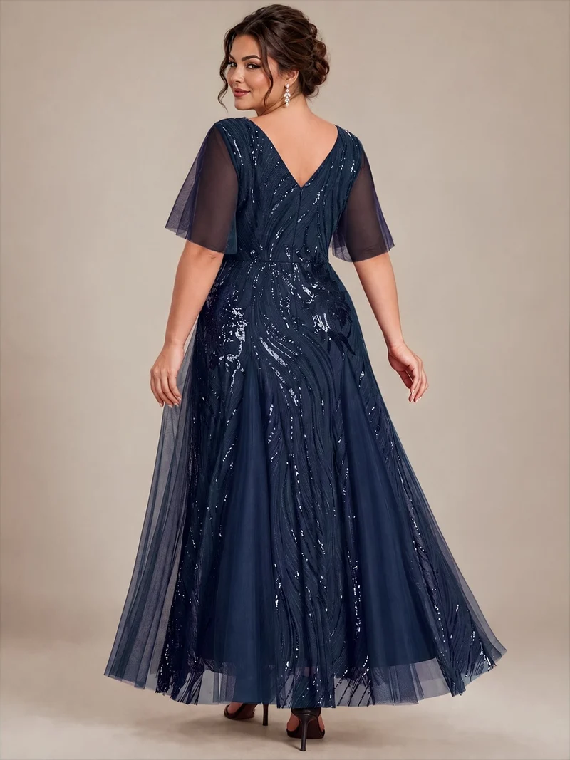Robe longue en tulle à paillettes avec manches volantées