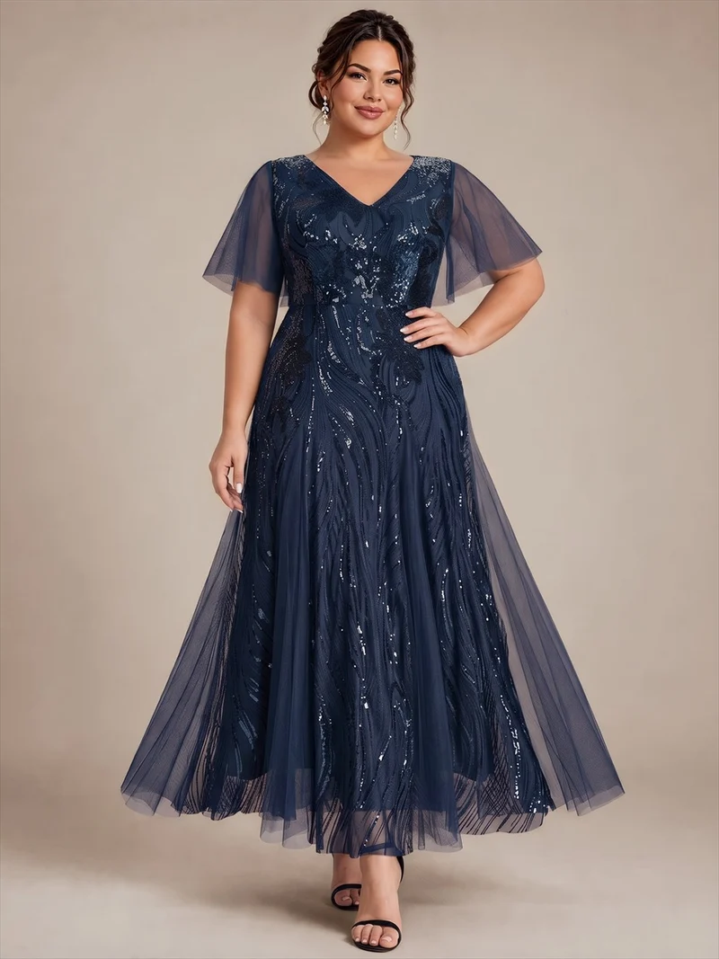 Robe longue en tulle à paillettes avec manches volantées
