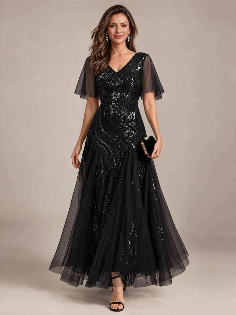 Robe longue en tulle à paillettes avec manches volantées