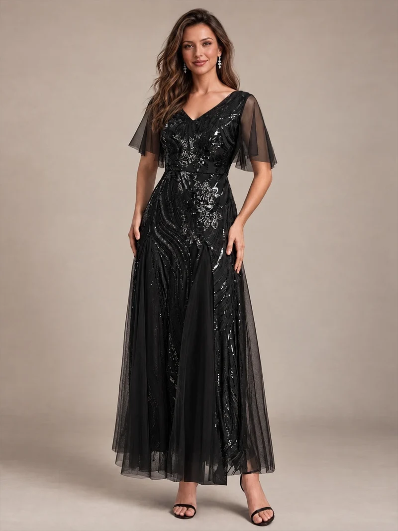 Robe longue en tulle à paillettes avec manches volantées