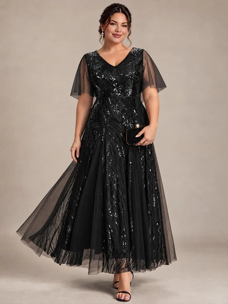 Robe longue en tulle à paillettes avec manches volantées
