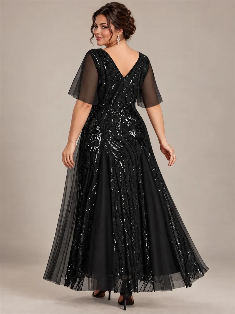 Robe longue en tulle à paillettes avec manches volantées
