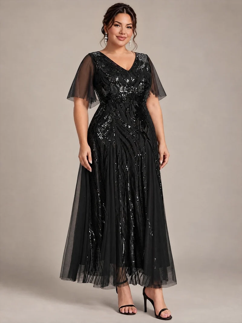 Robe longue en tulle à paillettes avec manches volantées