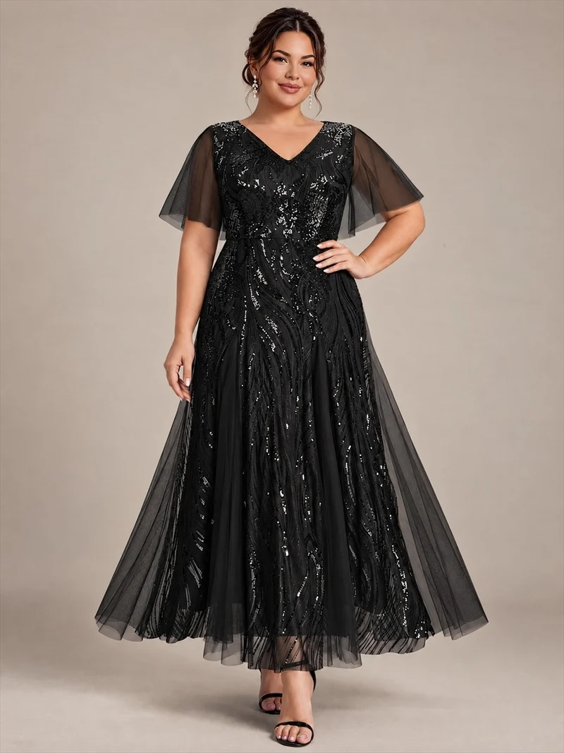 Robe longue en tulle à paillettes avec manches volantées