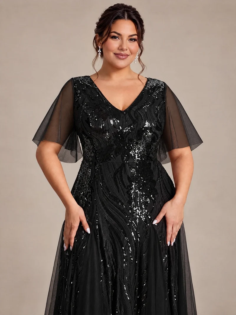 Robe longue en tulle à paillettes avec manches volantées