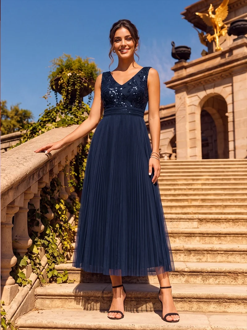 Robe longue en tulle à paillettes avec col V et bordure en dentelle